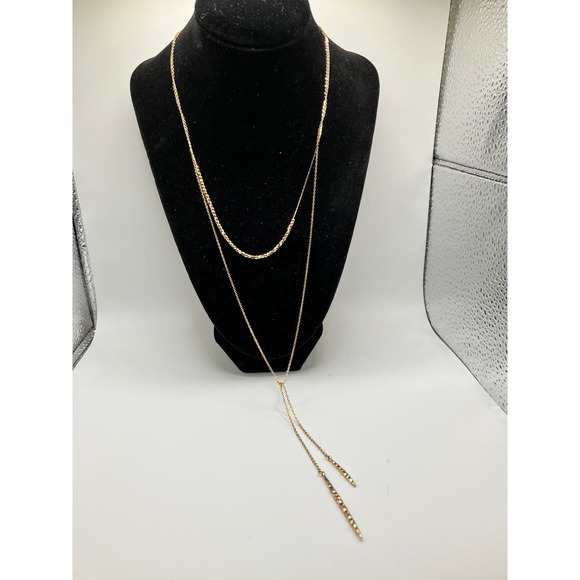 Gold-tone 2-Tier Beaded with 2 Long Dangles Chain Necklace! - Picture 2 of 5